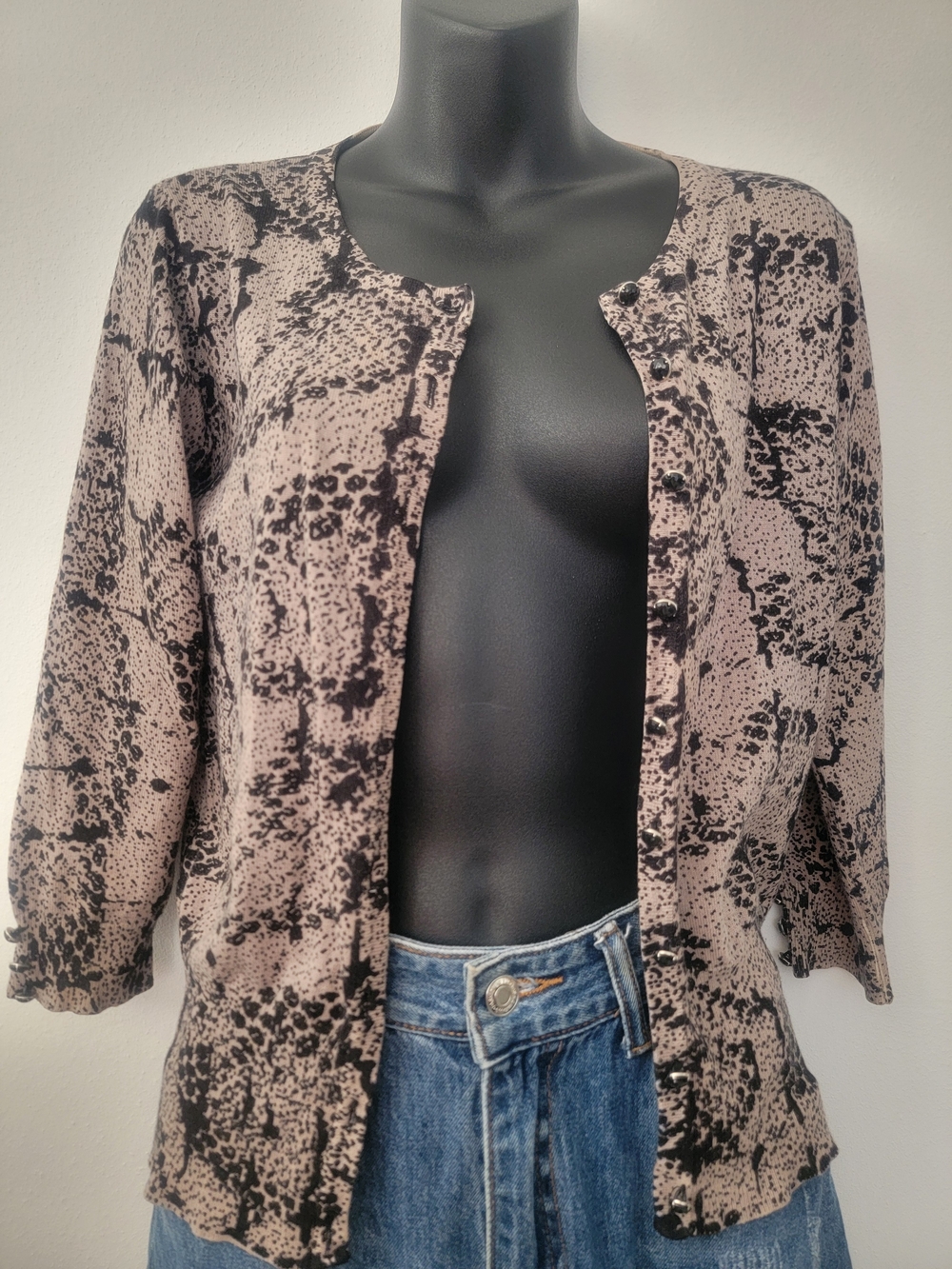 Women’s Taupe and Black Patterned Button Cardigan Sweater